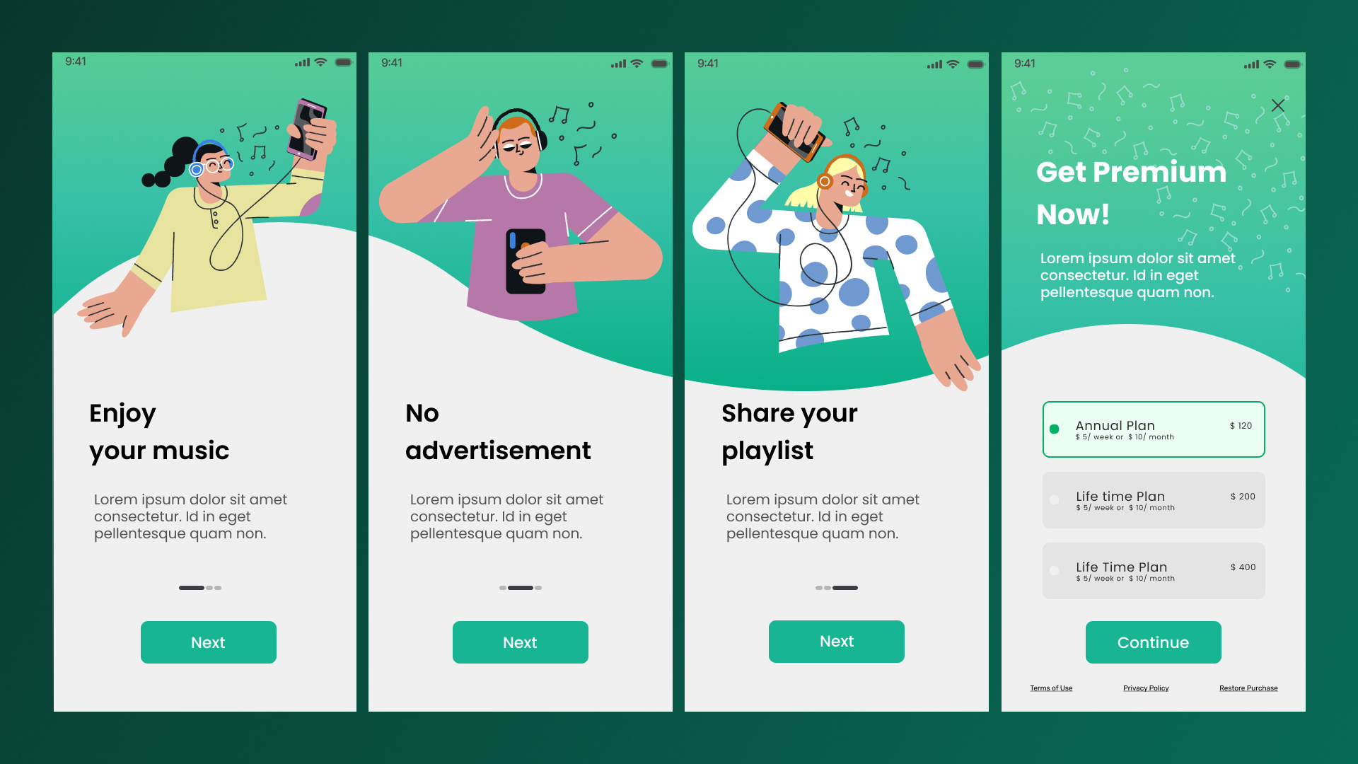 Music App Onboarding Screens app design figma mobileapp musicapp onboarding spotify ui uidesign user experince ux uxui