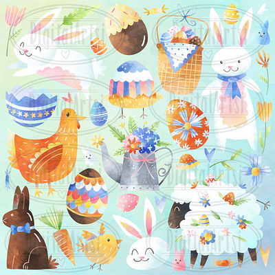 Watercolor Easter Set bunnies chick chicken chocolate bunny chocolate eggs chocolate eggs candy commercial use easter basket easter bunny easter digital download flowers painted eggs sheep tulips watercolor easter clipart