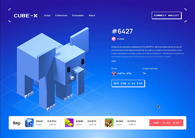 Concept of NFT marketplace 3d animals animation bag blockchain collection crypto cube ethereum graphic design marketplace motion graphics nft pixels ui