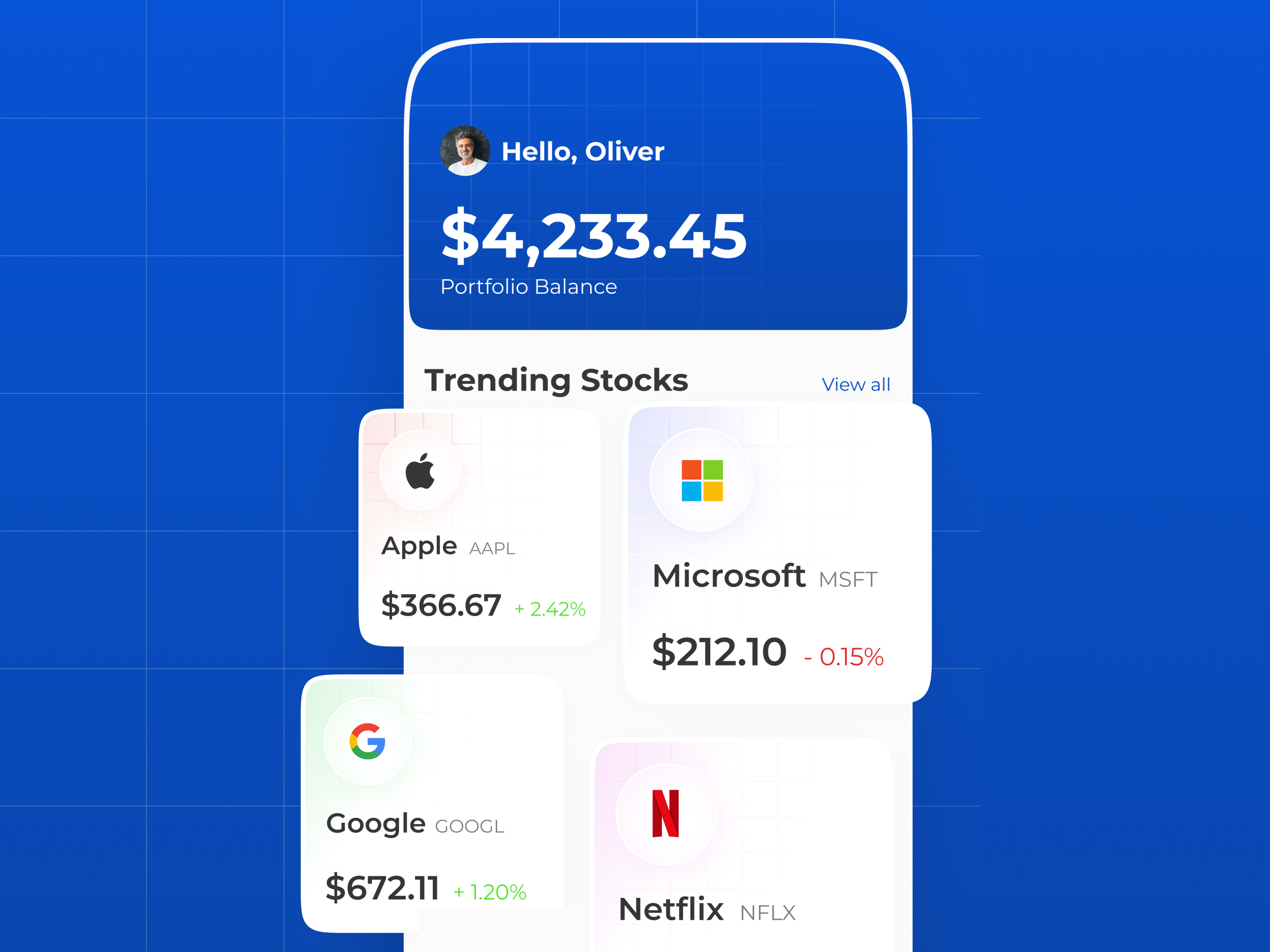 Stock Investment App app design apple balance bank buy crypto dashboard finance financial fintech investment app mobile overview pattern portfolio sell stock market stock trading stocks trending
