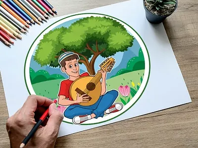 Cartoon Man Playing Spanish Guitar ancient spanish guitar animation branding character design circle logo custom background flowers graphic design green field green land happy man illustration jungle in background man playing guitar motion graphics no text red shirt save the ladino language tree