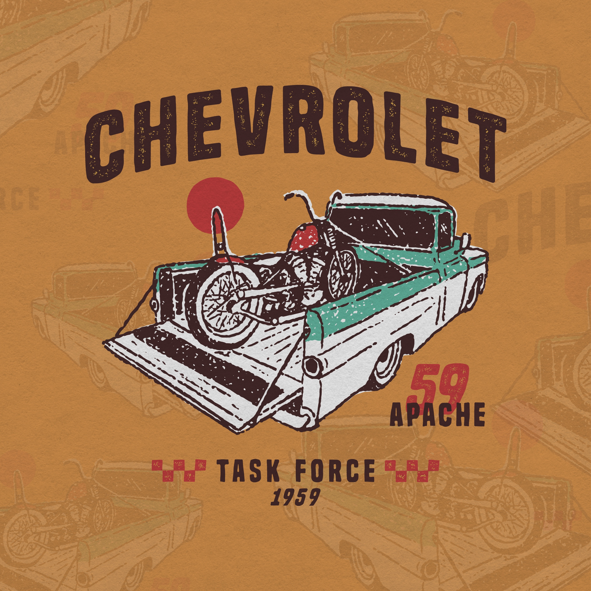 CHEVROLET artwork badge badge design car chevrolet chevrolet apache chopper graphic design illustration logo retro tshirt design vintage car vintage design