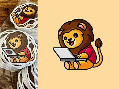 Lion Working on Laptop adorable animal bear cartoon character cool cute fun happy laptop lion mascot playful print simple sitting smile sticker technology working