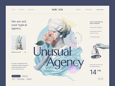 Norvos - Unusual Digital Agency Website agency website art artistic company creative agency design digital agency floral flower graphic design header hero design landing page statue studio ui ux watercolor web design website