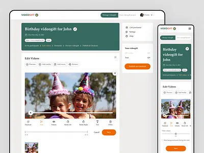 Edit Videos add media checkout checkout page crypto edit page edit video gift gift app inner page preview video gift product design publish reminder rotate trim ui ux video edit page video gift website inner page