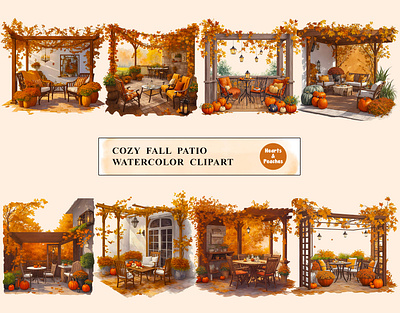 Cozy Fall Patio Watercolor Clipart Bundle clipart cozy autumn illustrations cozy fall digital art cozy fall graphics cozy fall scene cozy porch scene design digital art digital download fall patio decor fall patio scene fall porch art fall watercolor clipart fall watercolor elements graphic design illustration png pumpkin watercolor watercolor patio design