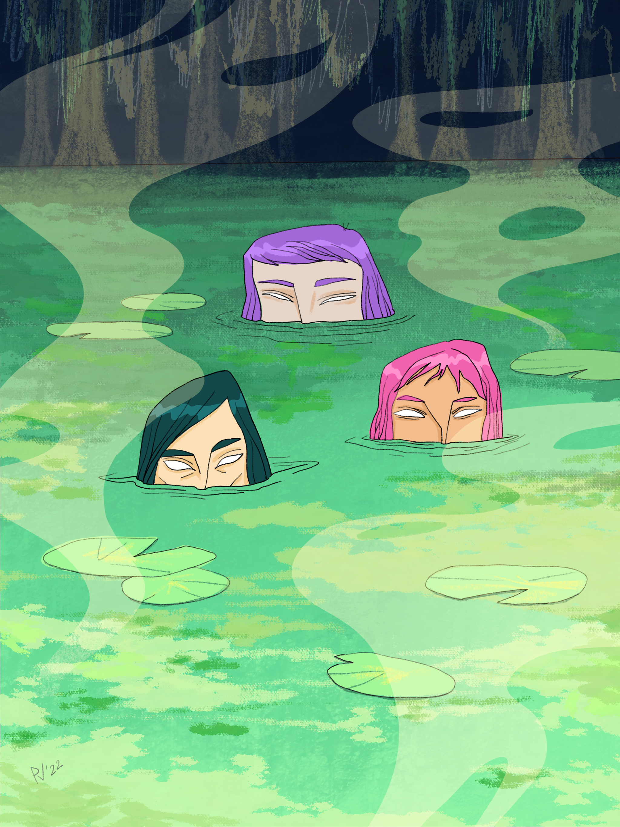 Spirits of the marshes brighthair dark forest illustration mermaid spirit swamp women