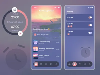 HarmonyWake - Alarm, Wake Up & Sleep Control App alarm app ui calm figma illustration iosapp meditation mobile app design mobile ui picker sleep sleep app stats tracker ui uiuxdesign ux wake up
