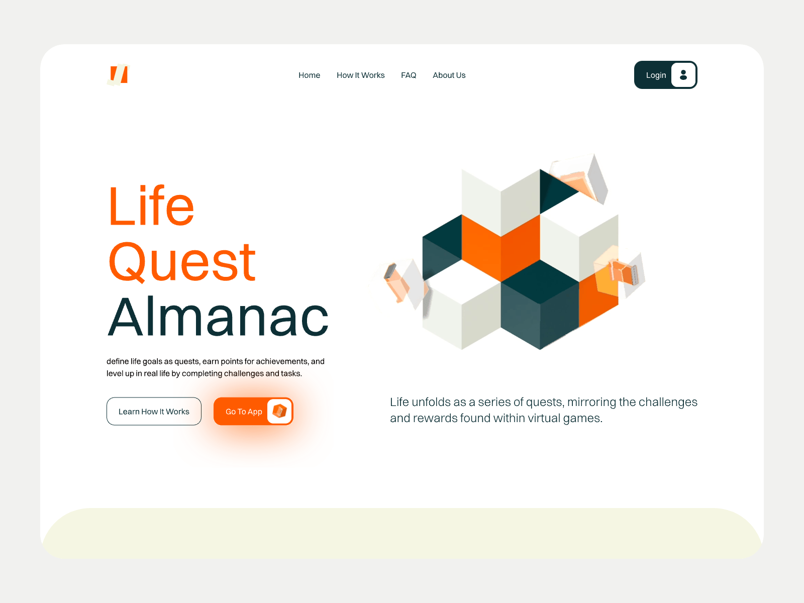 Life Quest Almanac - Goals Achievement Virtual App 3d achievementunlocked adventureawaits animation appconcept branding digitalcompanion fantasyinspired gamification goalsetting levelup lifequest minimalisticui motivation personalgrowth pop up design shapes typography uiuxdesign visualprogress