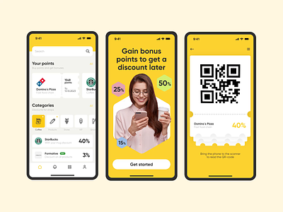 Earn Rewards for Shopping android bonuses cashback code design discount discounts gain gamification ios loyalty mobile point points qr reward store stores ui yellow