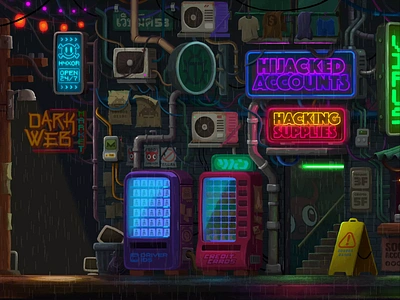 The Dark Web Market ☠️ animation arcade black market character design coder criminal cyber security cyberpunk dark web game hacker illustration market neon neon signs passwords rain sci fi video game walking