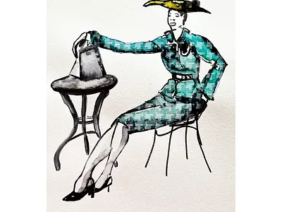 Waiting for my tea bag blue fashion illustration yellow