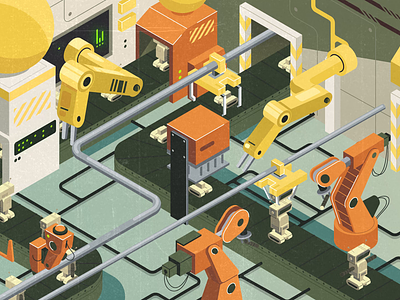 Robots factory loop 2d animation animation factory gif illustration isometric loop machinery machines motion motion design motion graphics orange retrofuturism robots yellow