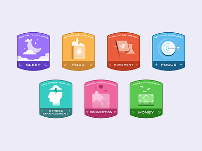 Journeys Badges badge branding connect digital illustration focus food illustration logo money movement sleep spot illustration stickers stress vector wellness