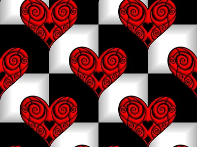 Swirled Red Hearts | Black & White Checkers 3d hearts affinity photo alice in wonderland beveled hearts checker background checker pattern checkers gothic hearts gothic pattern hearts hearts pattern procreate pattern queen of hearts red hearts swirled hearts swirls swirls pattern symmetrical hearts victorian hearts victorian pattern