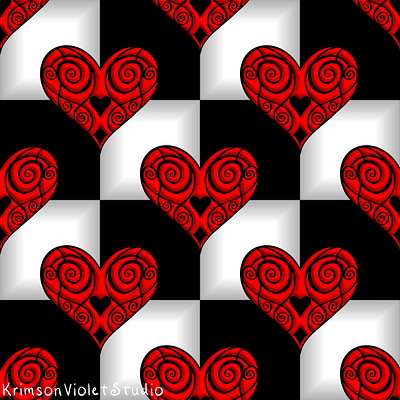 Swirled Red Hearts | Black & White Checkers 3d hearts affinity photo alice in wonderland beveled hearts checker background checker pattern checkers gothic hearts gothic pattern hearts hearts pattern procreate pattern queen of hearts red hearts swirled hearts swirls swirls pattern symmetrical hearts victorian hearts victorian pattern