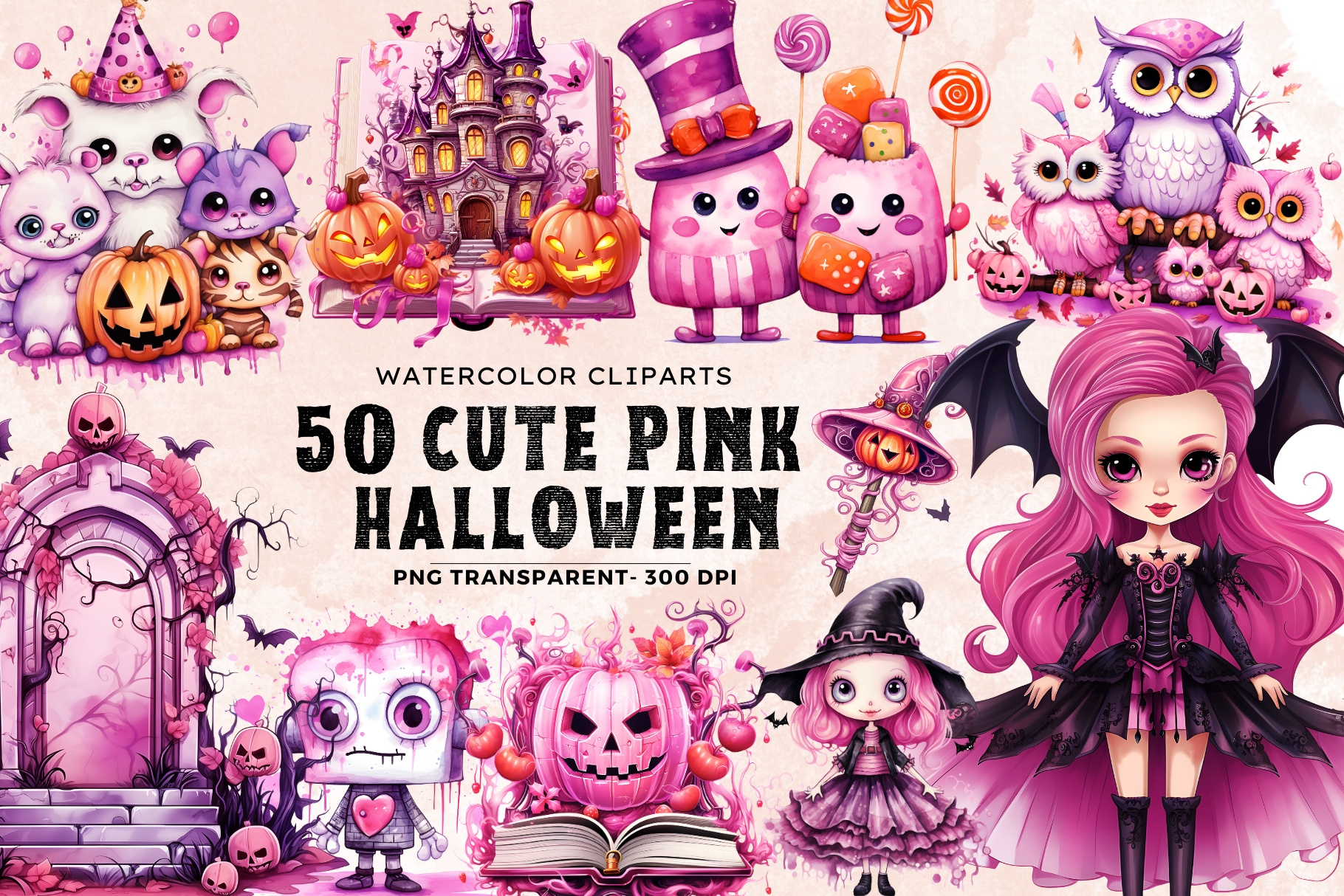 50 Pink Halloween Watercolor Clipart clipart cute design eps ghost graphic design halloween illustration monsters pink png transparent pumpkin svg t shirt vampire vector watercolor witch wizard