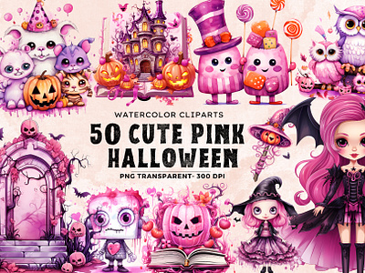 50 Pink Halloween Watercolor Clipart clipart cute design eps ghost graphic design halloween illustration monsters pink png transparent pumpkin svg t shirt vampire vector watercolor witch wizard