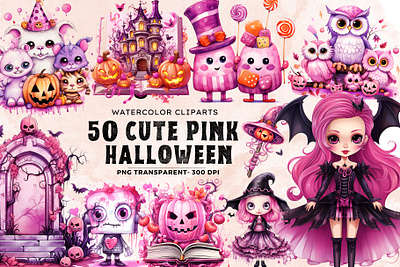 50 Pink Halloween Watercolor Clipart clipart cute design eps ghost graphic design halloween illustration monsters pink png transparent pumpkin svg t shirt vampire vector watercolor witch wizard