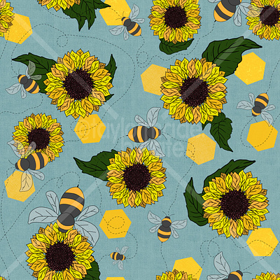 Sunflowers and bumble bees bees bumble bee design floral flowers pattern seamless summer sunflowers surface pattern textiles