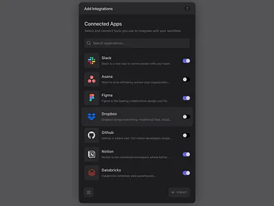 Add Integrations - Dark app design ui ux