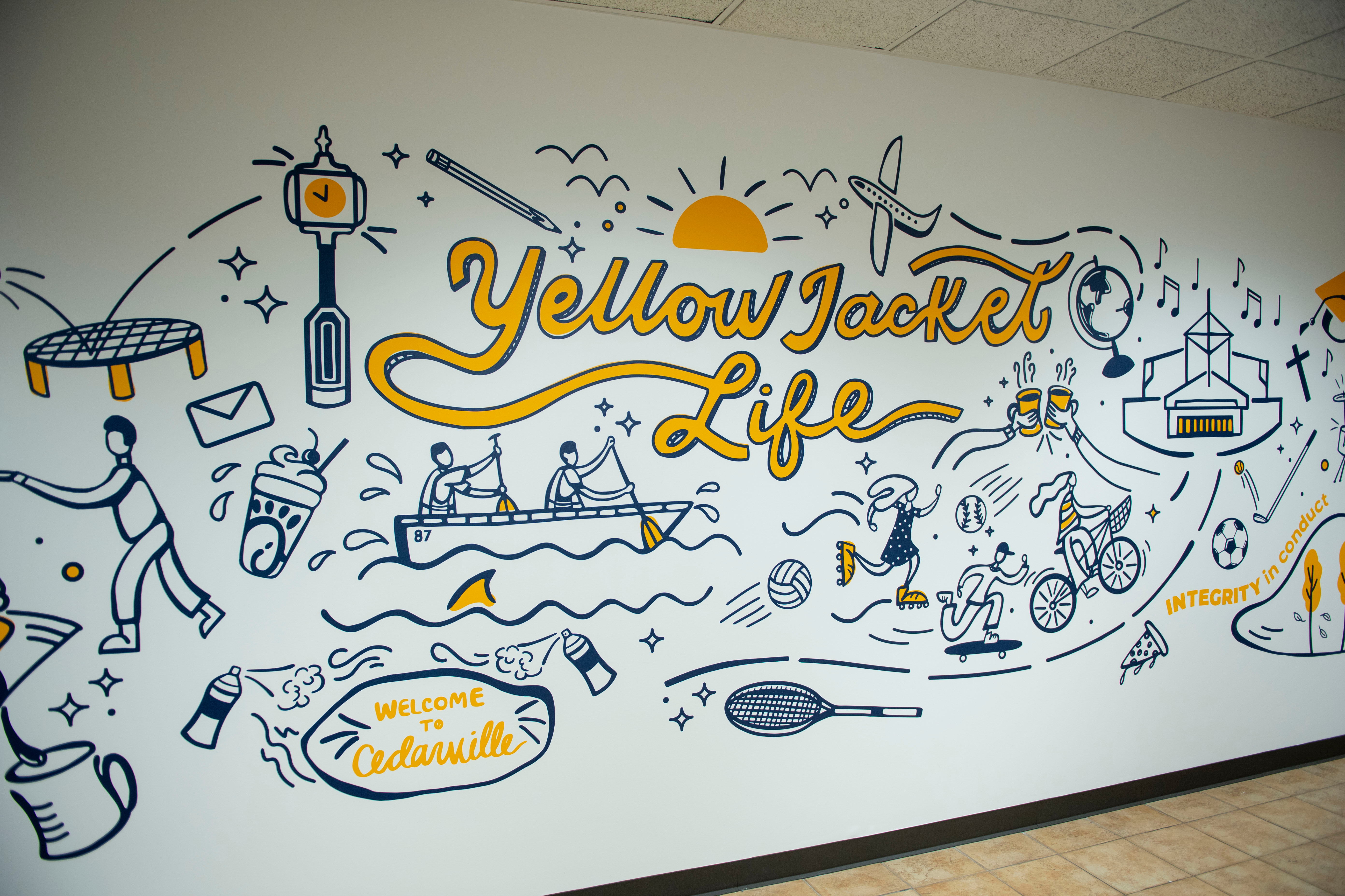 University Mural biking illustration branded mural cedarville chick fil a doodle handlettering handlettering typography illustration line art line illustration memories mural mural illustration navy blue playful illustration playful mural procreate university branding yellowtype