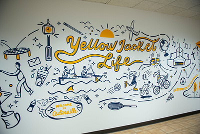 University Mural biking illustration branded mural cedarville chick fil a doodle handlettering handlettering typography illustration line art line illustration memories mural mural illustration navy blue playful illustration playful mural procreate university branding yellowtype