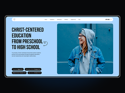 Private Christian school hero section academy blue christian classes clean courses education hero image landing page masterclass newspaper preschool school student trends typography ui ui trend university