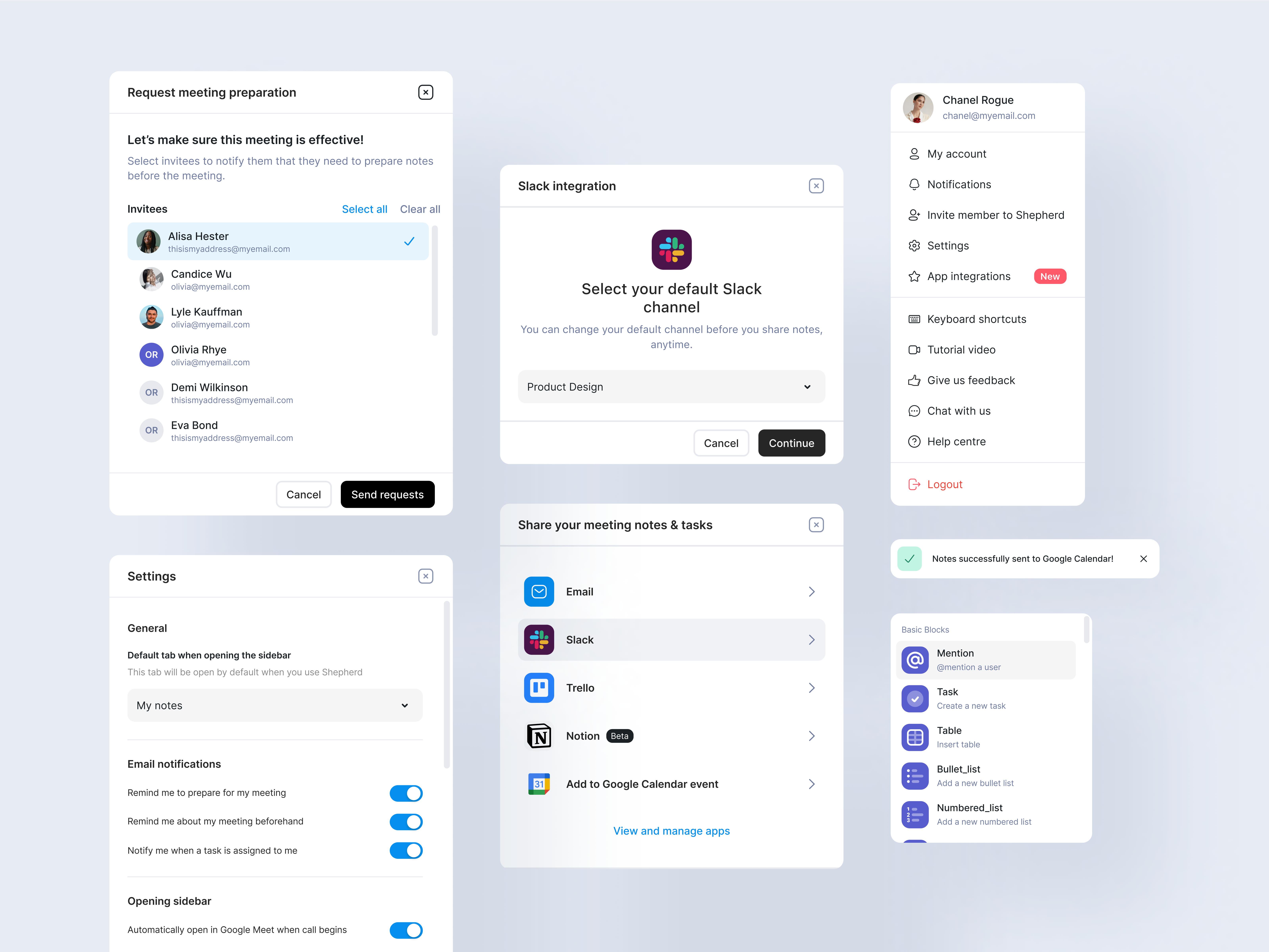 Shepherd - Google Meet Productivity Extension google meet extension illustration meeting extension application meeting notes meeting planning meeting tasks product design productivity app schedule meetings shepherd meeting app ui design