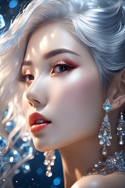 Silver Lady ai art artwork beautiful colourful design fantasy hairstyle illustration makeup silver hair white hair woman