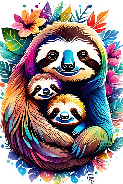 Sloth Family ai art animal artistic artwork colourful design family graphic design illustration sloth t shirt vibrant