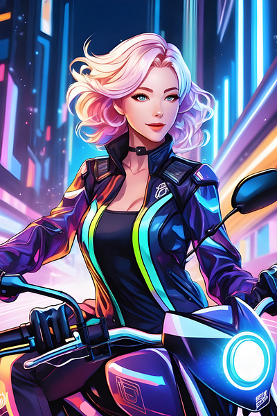 Motorbike Girl ai art artwork beautiful colourful comic art design fantasy futuristic girl illustration motorbike neon woman