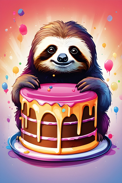 Birthday Sloth ai art animal art artwork balloon birthday cake design illustration kids party kids theme sloth