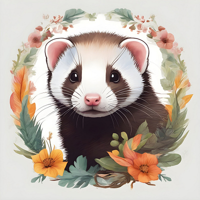 Watercolour Ferret ai art animal artwork design ferret floral frame illustration logo no background t shirt design watercolour