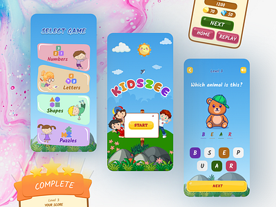 Kids Game UI Design alphabet game figma game game ui kids game kids game mobile app kids learning kids learning game puzzle
