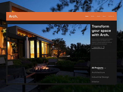 Arch. Website animation architecture clean design figma firm homepage illustration interior interior design landing landing page minimal orange grey product real estate ui ux web design webpage website