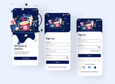 FilmTix - Cinema Ticket Buying Application app branding buying case study cinema design film graphic design illustration log in logo mobile app onboarding register sign in sign up ticket ui uiux design ux