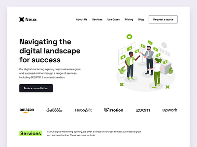 Neux landing page design hero image illustration landing page minimalistic design modern website design