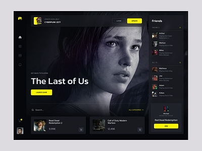 Koma - Gaming Platform dark desktop gaming news platform play store ui ux yelllow