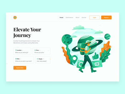 Travel landing page design aesthetic design branding hero section illustration landing page travel landing page ui web design