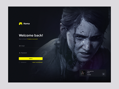 Koma - Gaming Platform dark desktop gaming news platform play store ui ux yellow