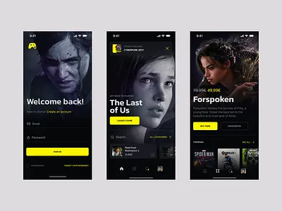 Koma - Gaming Platform gaming mobile news platform play sign in store uidark ux yellow