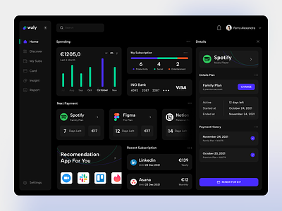 Subscription Management Dashboard App app chart clean dark dashboard design fireart subscription ui ux