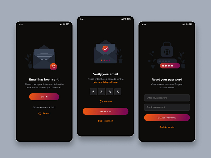 Forgot Password Flow | Cux Studio android app blockchain crypto dark mode dark theme email verification forgot password ios app mobile app nft nft app password reset password ui ui design user flow ux uxdesign verification ui vulcanforged