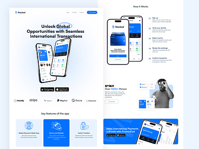 Stacked landing page appdesign blue cards dailyui figma finance fintech homepage landing page landingpage mobile app payment ui uidesign uiuxinspirations ux webdesign website