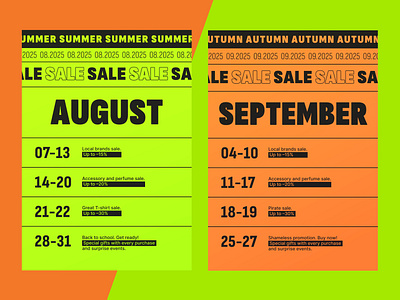 Sale calendar ad august autumn banner bold calendar date header highlight lime line makeup orange outline poster sale schedule september summer swiss