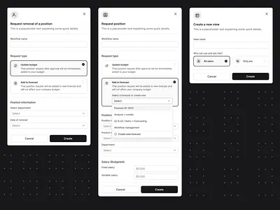Modals examples (drafts) add user budget create dropdown file settings file sharing finance financials forecast input field invite people invite users modals new file privacy reporting reports request select workflow