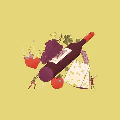 Cheese & Wine apple bottle celebrate character cheers cheese fruit glass grapes illustration leaf lines olives texture vector wine