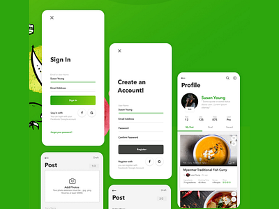 Sign In, Register, Profile, and Post Screen UIs. EZ Recipe App app cooking design food green inspiration mobile myanmar recipe register screen sign in ui ux yummy