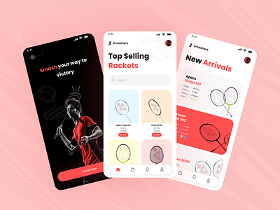 | SMASHERS | Mobile Application badminton branding e commerce fitnessapp graphic design minimalistic mobileapp racket sportsapp trending ui uidesiging uitrends uiux ux uxdesigning uxtrends